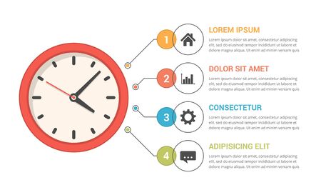 Infographic template with clock and four elements with icons, numbers and text, vector eps10 illustrationのイラスト素材
