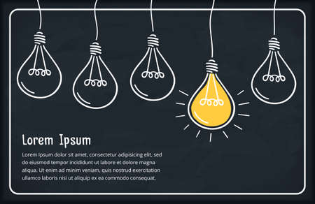 Hand drawn bulbs and place for your text on blackboard background, idea concept, vector eps10 illustrationのイラスト素材