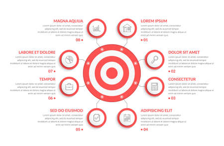 Red target with eight elements for your text and icons, infographic template for web, business, presentations, vector eps10 illustrationのイラスト素材