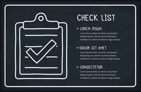 Check list on blackboard, hand drawn clipboard icon and place for your text, blackboard backgroundのイラスト素材