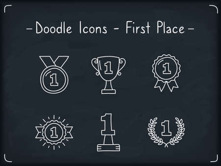 First place - doodle icons set, blackboard background, vector eps10 illustrationのイラスト素材