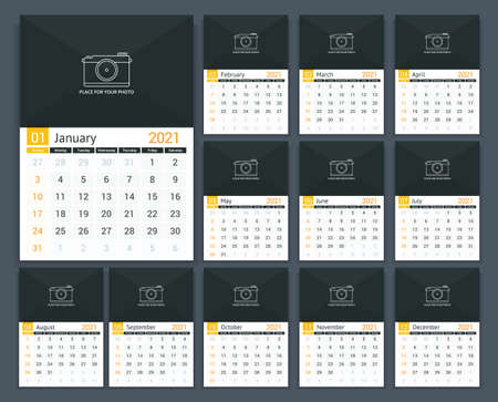 2021 Calendar template, week starts on Sunday, a3 size, place for your photo, vector eps10 illustrationのイラスト素材