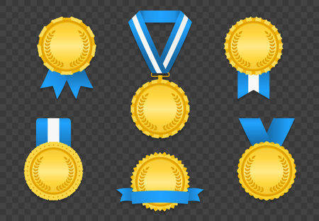 Set of different medals with blue ribbons, vector illustrationのイラスト素材