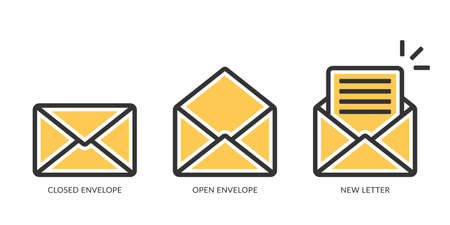 Envelope or mail icons set, open and closed envelopes, new letter icon.