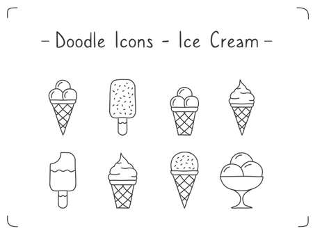 Hand drawn doodle icons set - ice cream, vector illustrationのイラスト素材