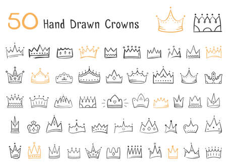 50 Hand drawn doodle crowns, king or queen crowns, vector eps10 illustrationのイラスト素材