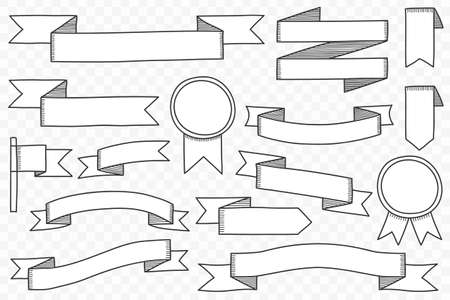 Set of white hand drawn ribbon banners on transparent background, vector eps10 illustrationのイラスト素材
