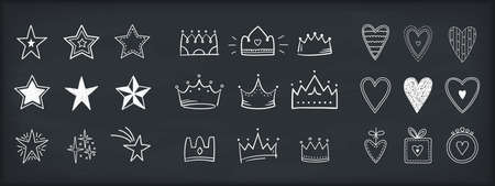 Set of hand drawn doodle objects - stars, crown and hearts, vector illustrationのイラスト素材
