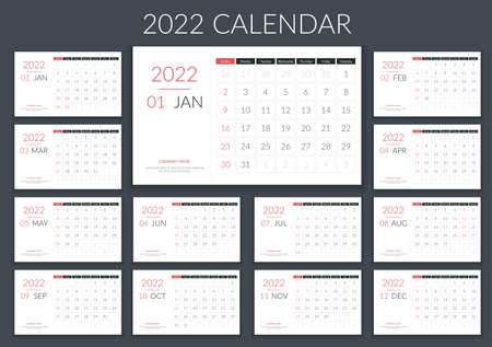 2022 Calendar template, planner, 12 pages, week starts on Sunday, vector eps10 illustrationのイラスト素材