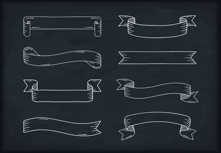 Set of white hand drawn ribbon banners on black background, vector eps10 illustrationのイラスト素材