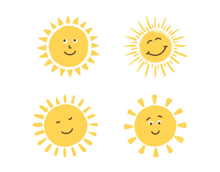 Cute handdrawn smiling suns on white background, vector eps10 illustrationのイラスト素材