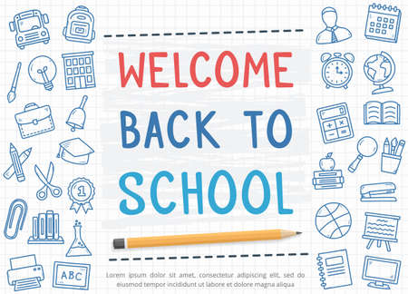 Welcome back to school background with hand drawn icons on paper, vector eps10 illustrationのイラスト素材