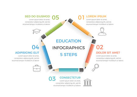 Education Infographics with five pencils arranged in a circle with text and icons, vector eps10 illustrationのイラスト素材