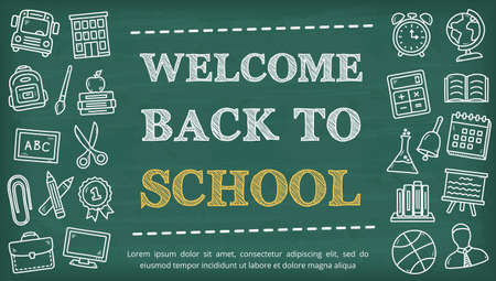 Welcome back to school background with hand drawn icons on chalkboard, vector eps10 illustrationのイラスト素材