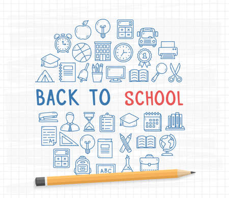 Back to school background with hand drawn icons arranged in a circle, vector eps10 illustrationのイラスト素材
