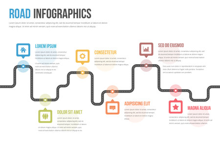 Road infographics with six map pains with icons, vector eps10 illustrationのイラスト素材