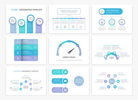 Set of 9 infographic presentation templates - process, flowchart, gauge chart, circle diagram, vector eps10 illustrationのイラスト素材