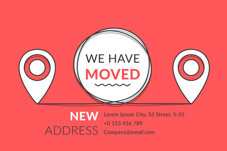 We have moved concept with and map pins and circle in the center on red background, vector illustrationのイラスト素材