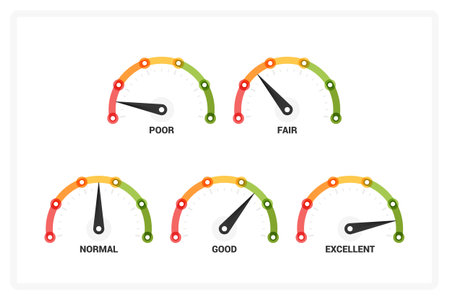 Gauge charts - five infographic templates with different arrow position, rating meter, vector eps10 illustrationのイラスト素材