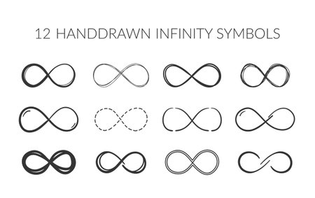 12 Handdrawn infinity symbols on white background, vector eps10 illustrationのイラスト素材