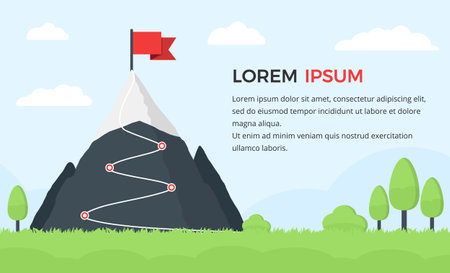 Mountain with red flag and with route to the top with four steps with place for your text, landscape with mountain and trees on the blue sky background, vector eps10 illustrationのイラスト素材