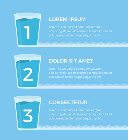 Three glasses with water with numbers and place for your text, water infographics, vector eps10 illustrationのイラスト素材