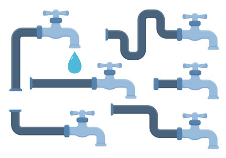 Taps with pipes of different shapes on white background, vector illustrationのイラスト素材