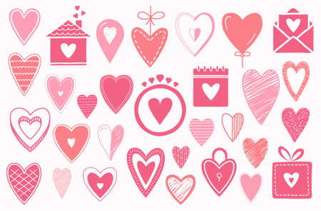Set of hand drawn red and pink icons with hearts, doodle style, vector eps10 illustrationのイラスト素材
