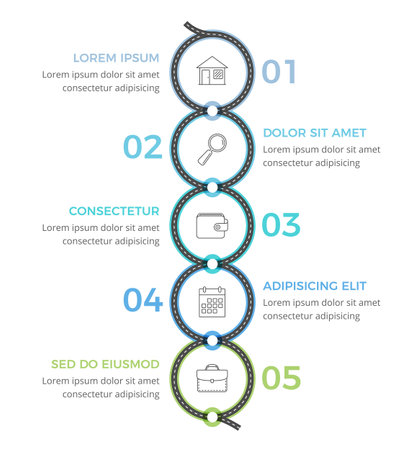 Vertical road infographics template with five elements with place for your icons and text, vector eps10 illustrationのイラスト素材