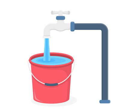 Tap and red bucket filled with water, vector eps10 illustrationのイラスト素材
