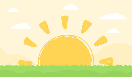 Landscape with grass and rising sun, vector eps10 illustrationのイラスト素材