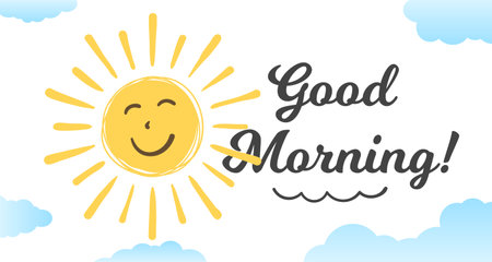 Smiling handdrawn sun with clouds, good morning concept, vector eps10 illustrationのイラスト素材