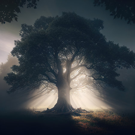 Sunlight shining throught an old big tree, Generative AIの素材