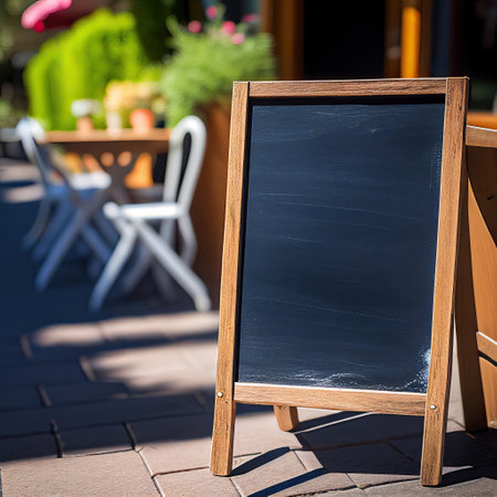 Vertical blackboard for cafe menu standing on the street in summer sunny day, Generative AIの素材