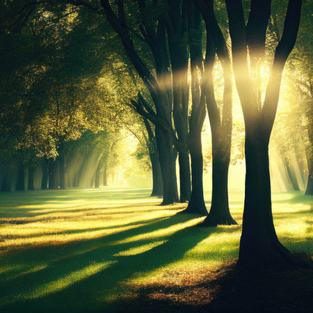 Summer morning in a park, sun shining throught the trees, Generative AIの素材