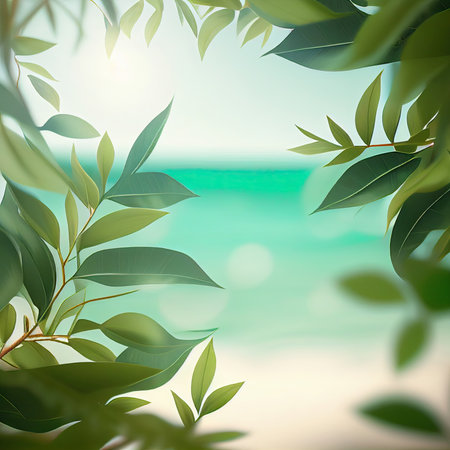 Summer background with green tropical leaves and sea, Generative AIの素材