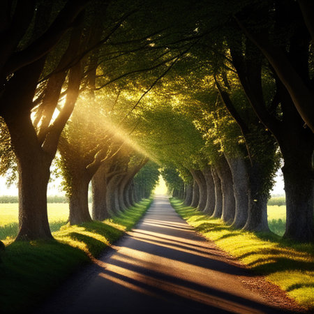 Road in a park with trees alley, sun shining thourght the leaves, summer morning, Generative AIの素材