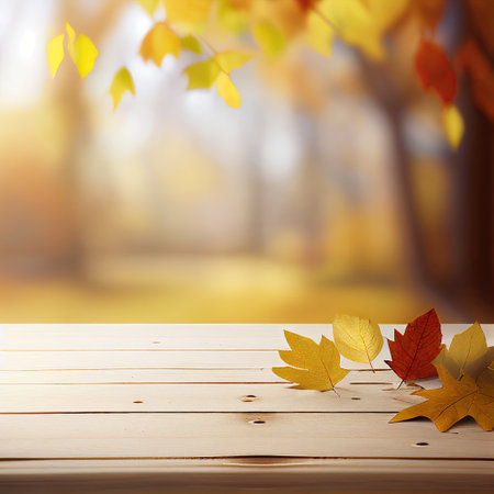 Wooden tabletop with autumn leaves, blurry sunny autumn background, Generative AIの素材