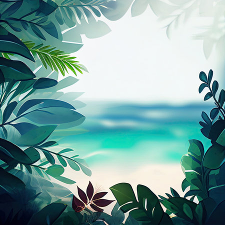 Summer background with green tropical leaves and sea, Generative AIの素材