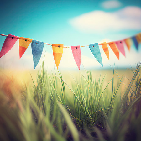 Colorful bunting om blue sky background above green grass, Generative AIの素材