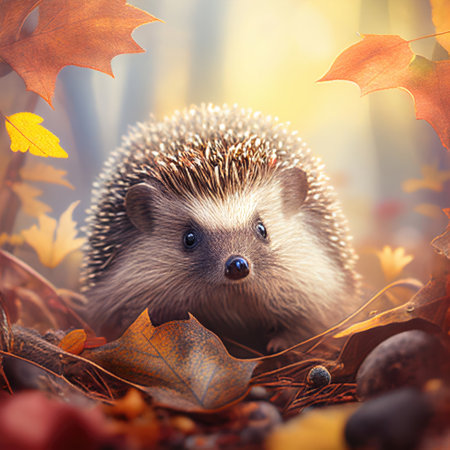 Close-up of a hedgehog in autumn forest, Generative AIの素材