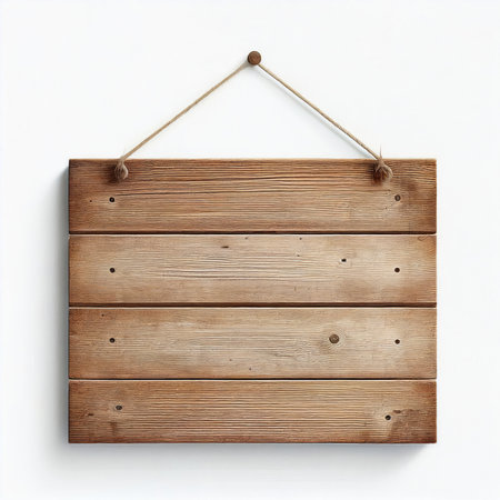 Hanging blank wooden sign, white background, Generative AIの素材