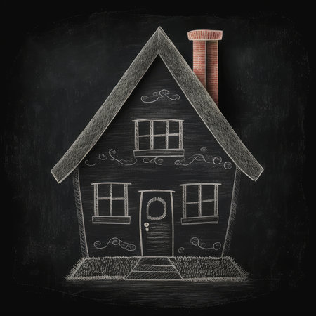 Simple small house, chalk drawing on blackboard, front view, Generative AIの素材