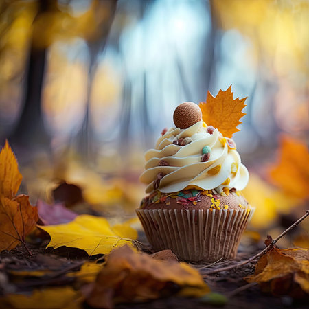 Close-up of cupcake with autumn leaves, autumn blurry background, Generative AIの素材