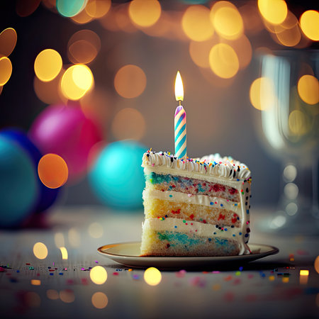 Piece of birthday cake with candle on wooden table, blurry party background, Generative AIの素材