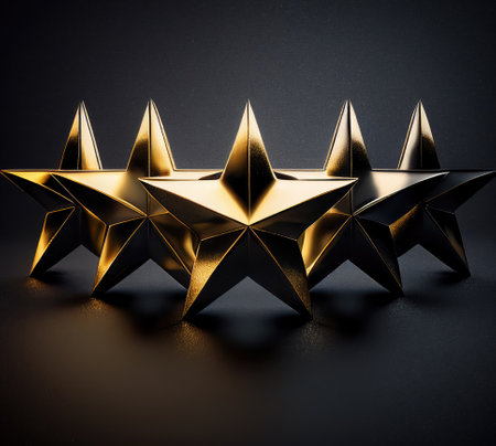 Five golden stars standing on dark background, Generative AIの素材