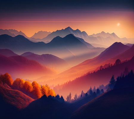 Sunrise in autumn mountains, foggy morning, Generative AIの素材