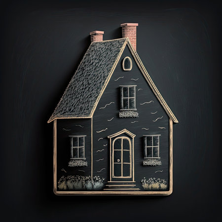 Small house, chalk drawing on blackboard, front view, Generative AIの素材