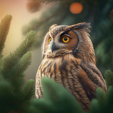 Close-up of an owl sitting on the fir tree branch in a forest, Generative AIの素材