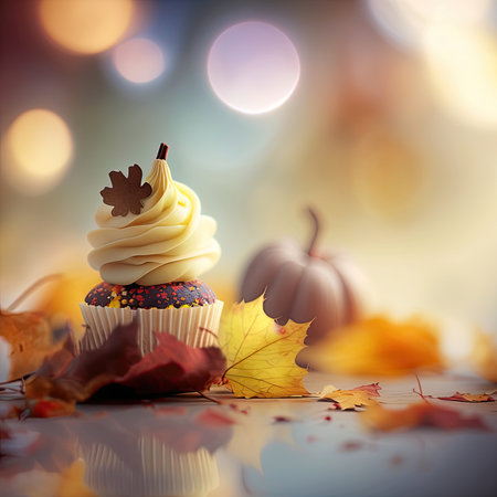 Close-up of cupcake with autumn leaves, autumn blurry background, Generative AIの素材